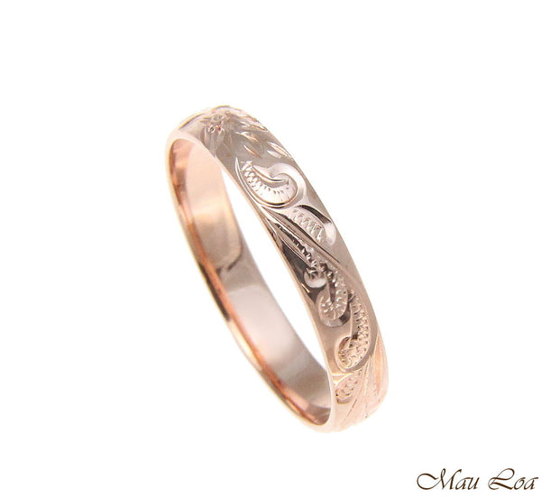 925 Sterling Silver Pink Rose Gold 4mm Hawaiian Scroll Hand Engraved Ring Band