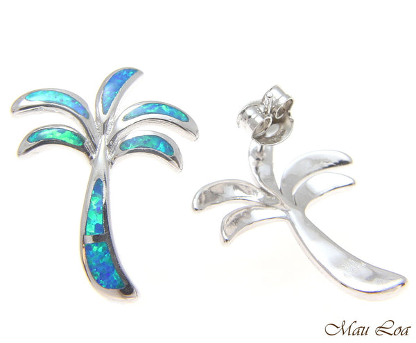 925 Sterling Silver Rhodium Hawaiian Palm Tree Blue Opal Post Stud Earrings