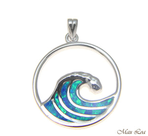 925 Sterling Silver Rhodium Hawaiian 23.5mm Ocean Wave Blue Opal Pendant Charm