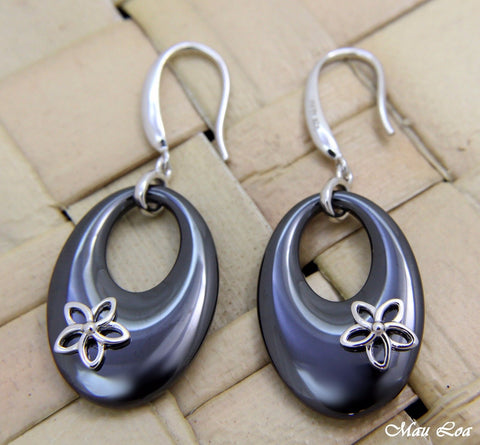 925 Silver Rhodium Hawaiian Plumeria Flower Black Ceramic Oval Hook Earrings