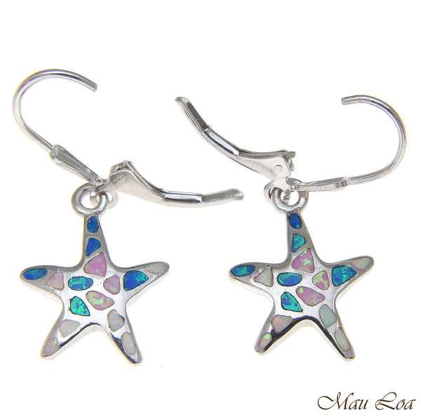 925 Silver Rhodium Hawaiian Starfish Sea Star Multi Opal Leverback Earrings