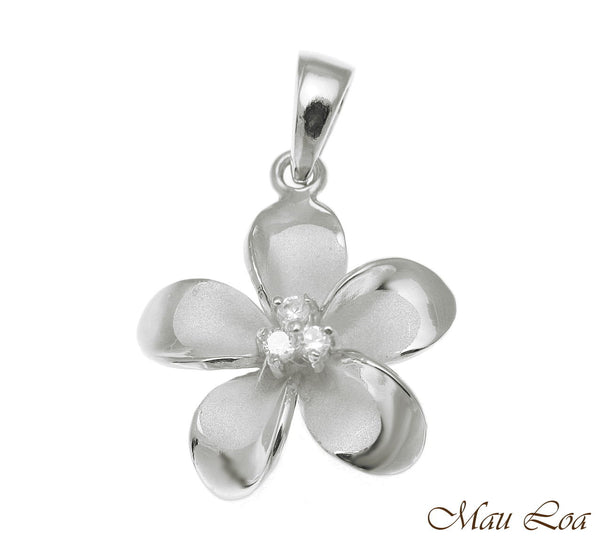 925 Sterling Silver Hawaiian Plumeria Flower 3 CZ Rhodium Pendant Charm 12-30mm