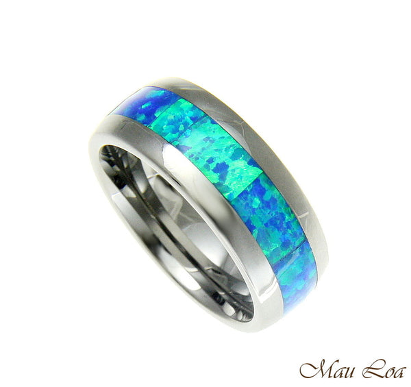 Tungsten 8mm Wedding Band Ring Unisex Blue Opal Inlay Comfort Fit Size 6-14