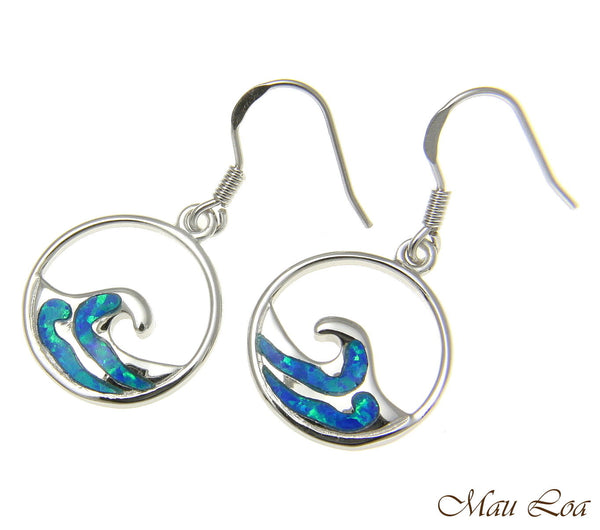 925 Sterling Silver Rhodium Hawaiian Ocean Wave Blue Opal Wire Hook Earrings