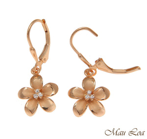 925 Silver Pink Rose Gold Hawaiian Plumeria Flower 3 CZ Leverback Earrings