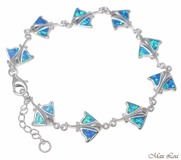 925 Sterling Silver Rhodium Hawaiian Stingray Ray Fish Blue Opal Bracelet 7"+