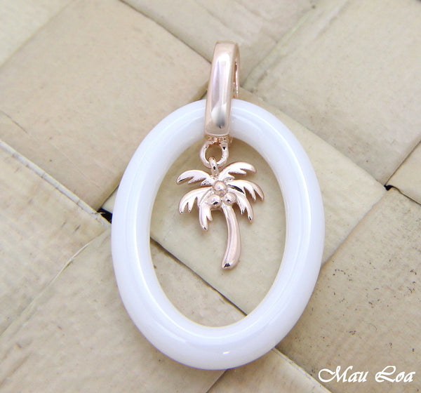 925 Sterling Silver Pink Rose Gold Hawaiian Palm Tree White Ceramic Oval Pendant