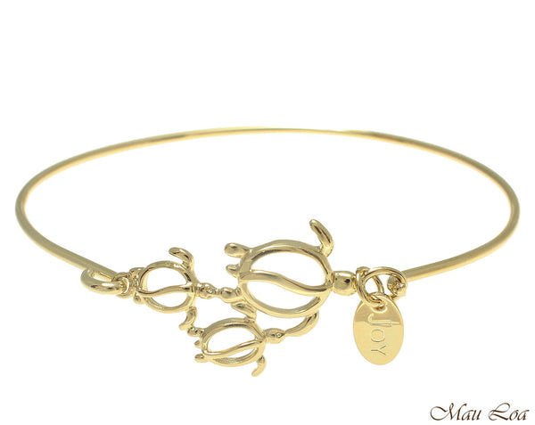 Yellow Gold on Brass Hawaiian Honu Turtle Family Open Bangle Bracelet