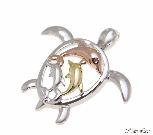 925 Sterling Silver Tricolor Hawaiian 3 Dolphin Sea Turtle Honu Slider Pendant