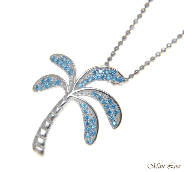 925 Sterling Silver Genuine Blue Topaz Hawaiian Palm Tree Slider Pendant