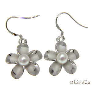 925 Silver Hawaiian Plumeria Flower Fresh Water Pearl Wire Hook Rhodium Earrings