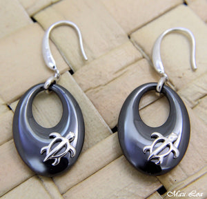 925 Silver Rhodium Hawaiian Honu Sea Turtle Black Ceramic Oval Hook Earrings