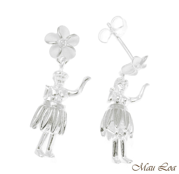 925 Sterling Silver Hawaiian Hula Girl Dancer Plumeria Flower Post Stud Earrings