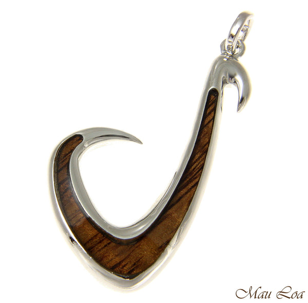Koa Wood Hawaiian Wave Fish Hook Rhodium Silver Plated Brass Reversible Pendant