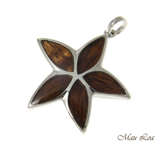 Koa Wood Hawaiian Plumeria Tropical Flower Rhodium Silver Plated Brass Pendant