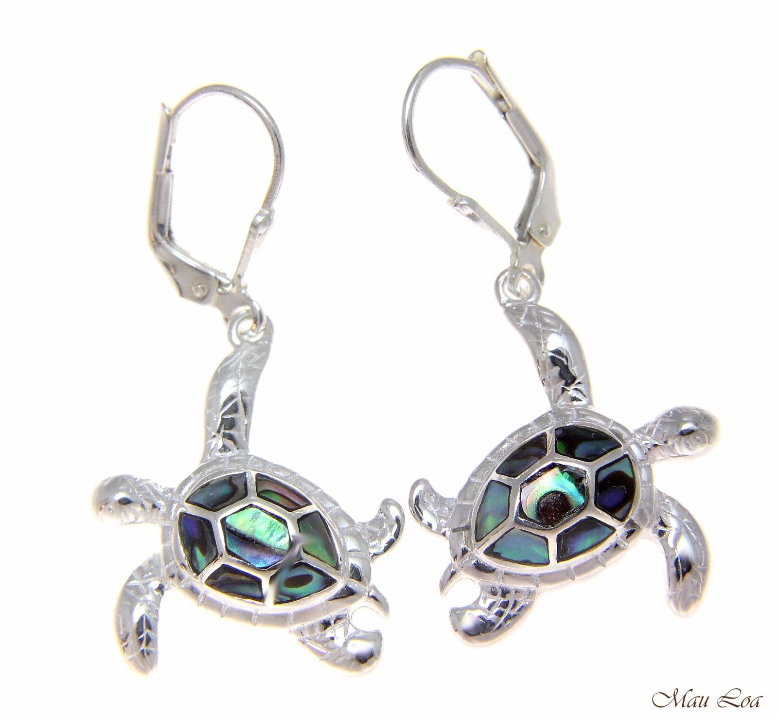 925 Sterling Silver Hawaiian Honu Turtle Abalone Shell Paua Leverback Earrings