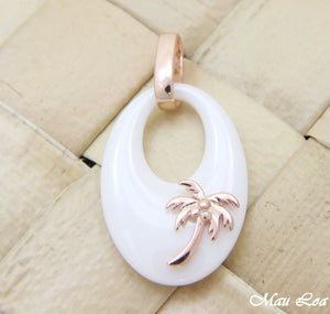 925 Silver Pink Rose Gold Hawaiian Coconut Palm Tree White Ceramic Oval Pendant