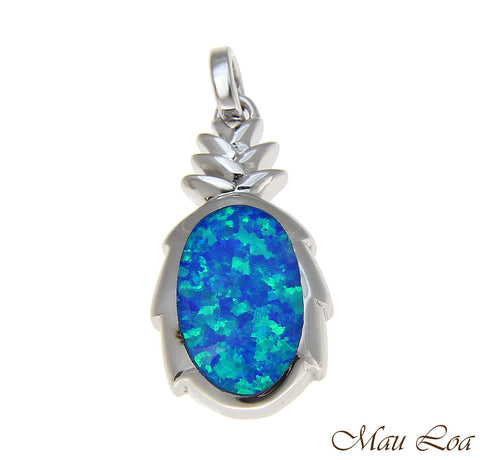 925 Sterling Silver Rhodium Hawaiian Pineapple Blue Opal Pendant Charm