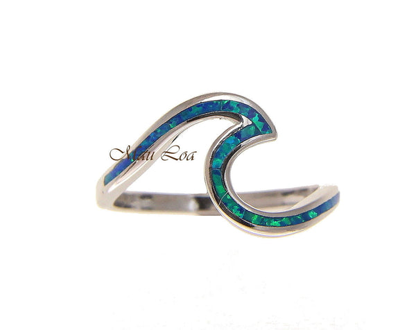 925 Sterling Silver Hawaiian Ocean Wave Shape Blue Opal Ring Size 5-10