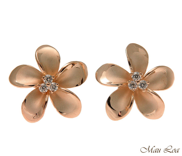 925 Silver Pink Rose Gold Hawaiian Plumeria Flower 3 CZ Stud Post Earrings