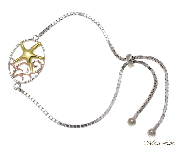 Silver 925 Tricolor Hawaiian Starfish Sea Star Sliding Bead Adjustable Bracelet