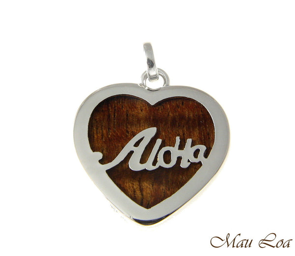 Koa Wood Hawaiian Scroll Aloha Heart Rhodium Plated Brass Reversible Pendant