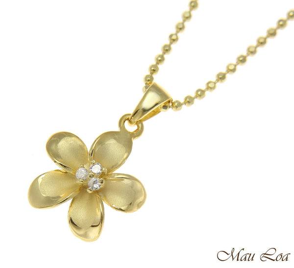 925 Sterling Silver Yellow Gold Hawaiian Plumeria Flower 3 CZ Pendant 12-30mm