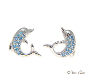 925 Sterling Silver Blue Topaz Hawaiian Dolphin Post Stud Earrings