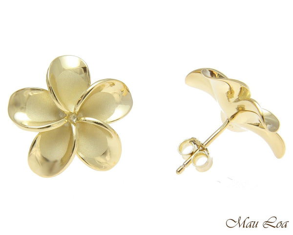 925 Silver Yellow Gold Hawaiian Plumeria Flower No CZ Stone Post Stud Earrings