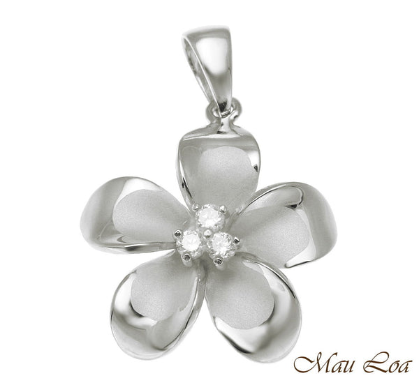 925 Sterling Silver Hawaiian Plumeria Flower 3 CZ Rhodium Pendant Charm 12-30mm