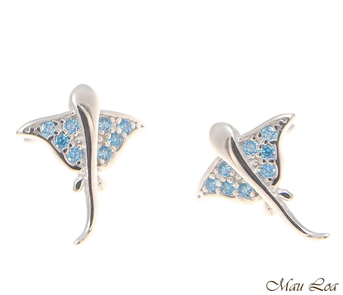 925 Sterling Silver Blue Topaz Hawaiian Stingray Post Stud Earrings