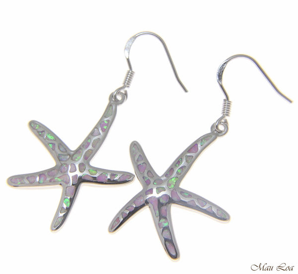 925 Silver Rhodium Hawaiian Starfish Sea Star Pink Opal Hook Wire Earrings
