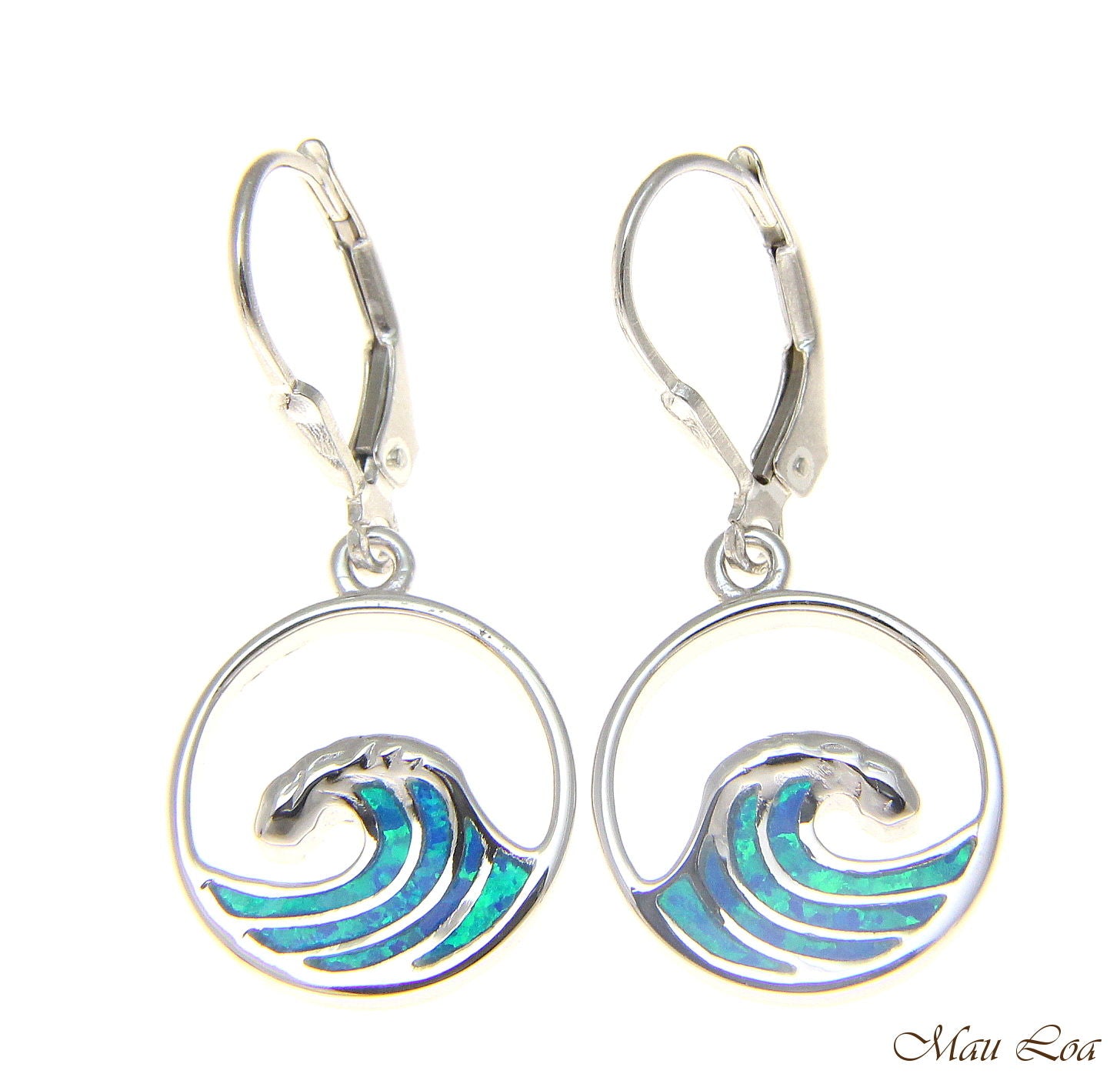 925 Sterling Silver Rhodium Hawaiian Ocean Wave Blue Opal Leverback Earrings