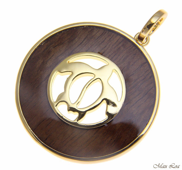 Koa Wood Hawaiian Scroll Circle Honu Turtle Yellow Gold Brass Reversible Pendant