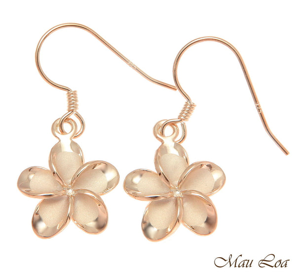 925 Silver Pink Gold Hawaiian Plumeria Flower No CZ Stone Wire Hook Earrings