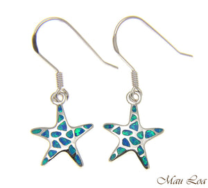 925 Silver Rhodium Hawaiian Starfish Sea Star Blue Opal Hook Wire Earrings