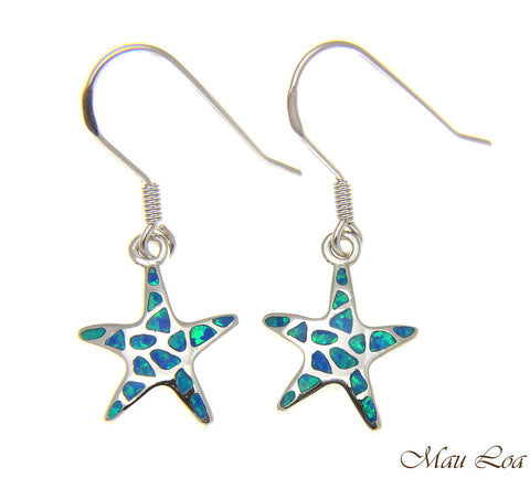 925 Silver Rhodium Hawaiian Starfish Sea Star Blue Opal Hook Wire Earrings