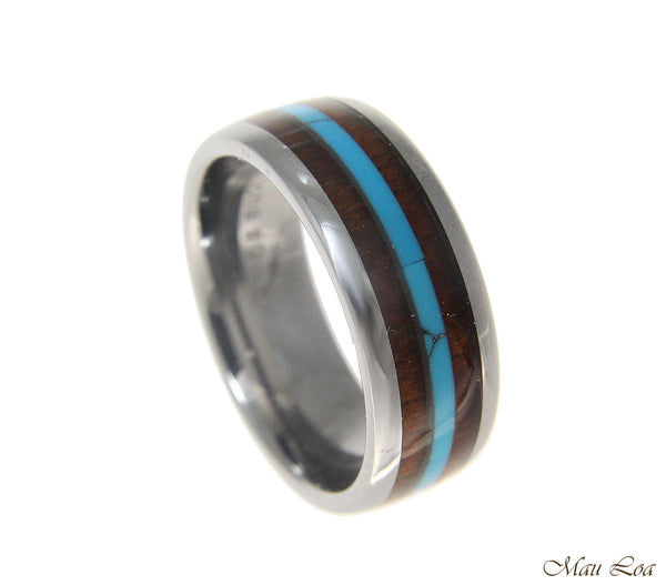 Tungsten 8mm Wedding Band Ring Turquoise Hawaiian Koa Wood Comfort Fit Size 6-14