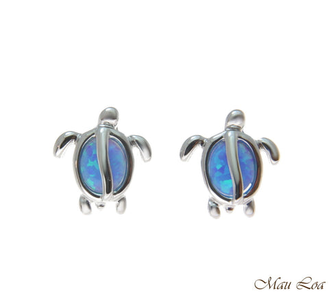 925 Sterling Silver Rhodium Hawaiian Honu Turtle Blue Opal Post Stud Earrings