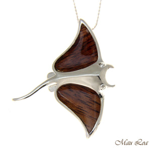 Koa Wood Hawaiian Manta Ray Fish Rhodium Silver Plated Brass Slide Pendant