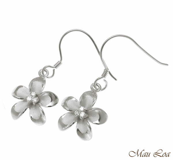 925 Sterling Silver Hawaiian Plumeria Flower 3 CZ Wire Hook Rhodium Earrings