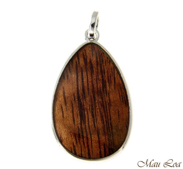 Koa Wood Hawaiian Tribal Teardrop Rhodium Silver Plated Brass Reversible Pendant