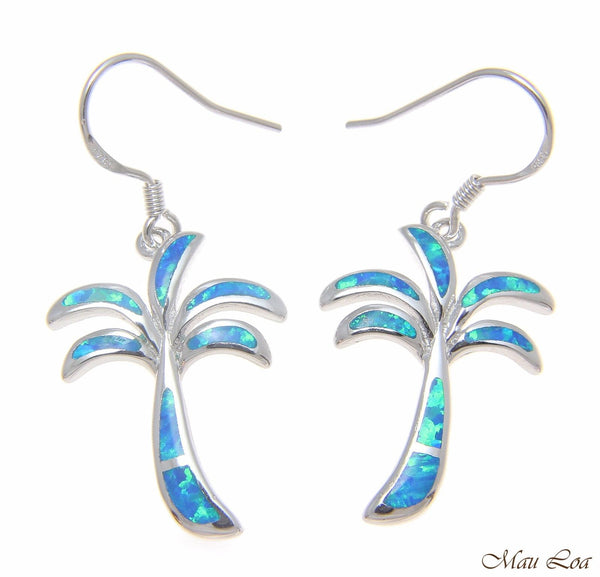 925 Sterling Silver Rhodium Hawaiian Palm Tree Blue Opal Hook Wire Earrings