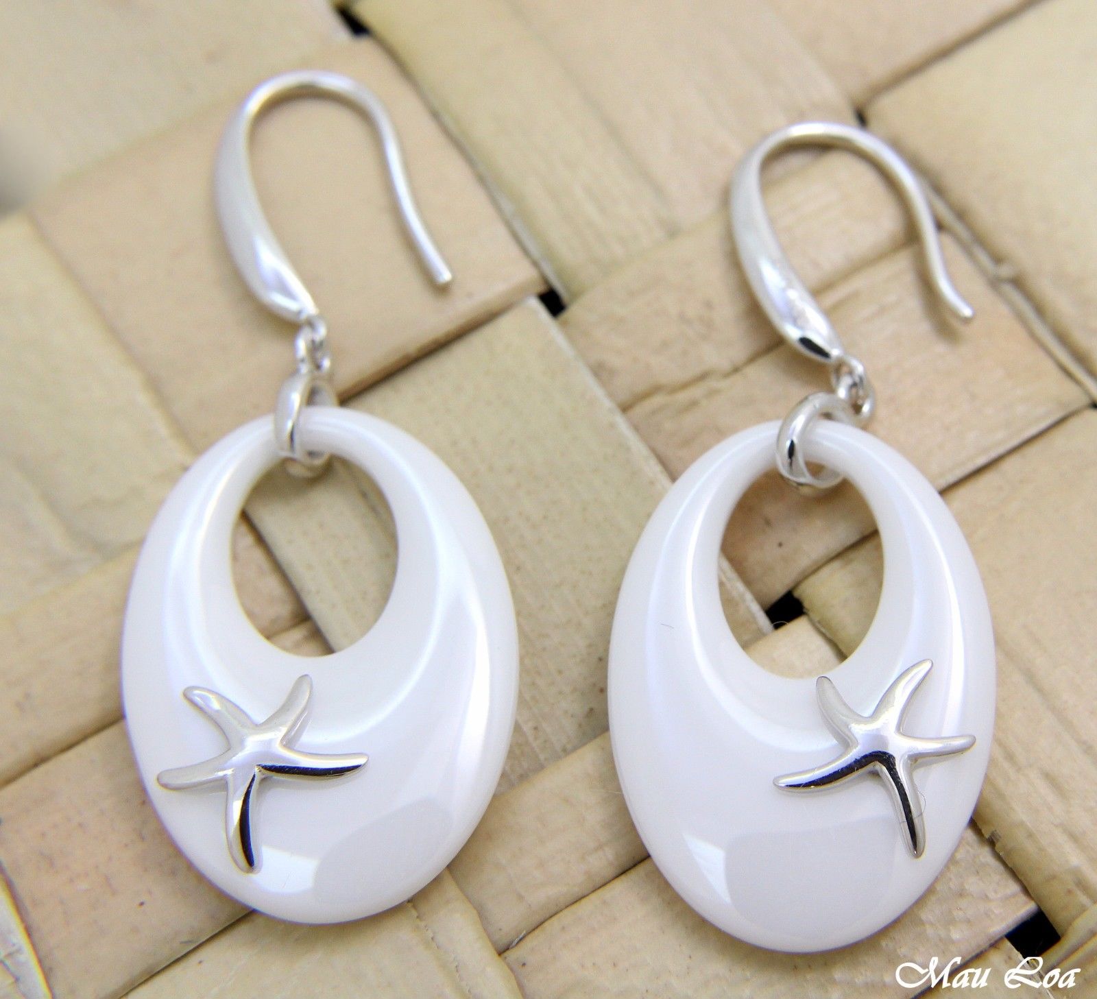 925 Silver Rhodium Hawaiian Starfish Sea Star White Ceramic Oval Hook Earrings