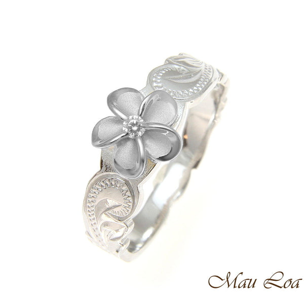 925 Sterling Silver Hawaiian Scroll Rhodium CZ Plumeria Flower Ring Size 1-10