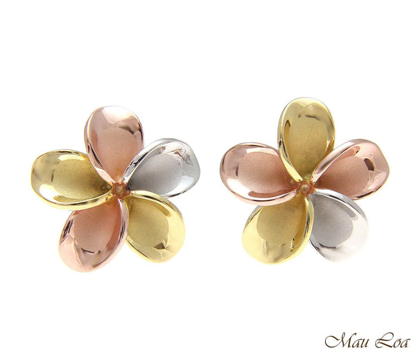 925 Silver Hawaiian Tricolor Plumeria Flower Post Earrings No CZ Stone 8-18mm