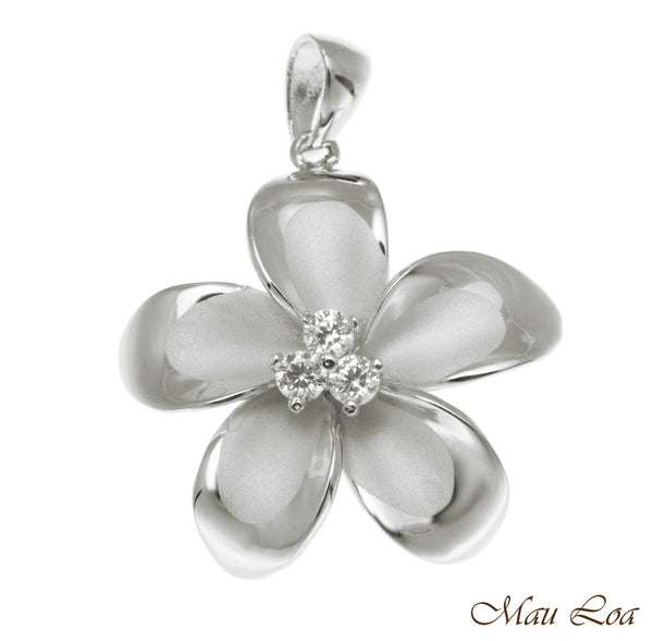 925 Sterling Silver Hawaiian Plumeria Flower 3 CZ Rhodium Pendant Charm 12-30mm