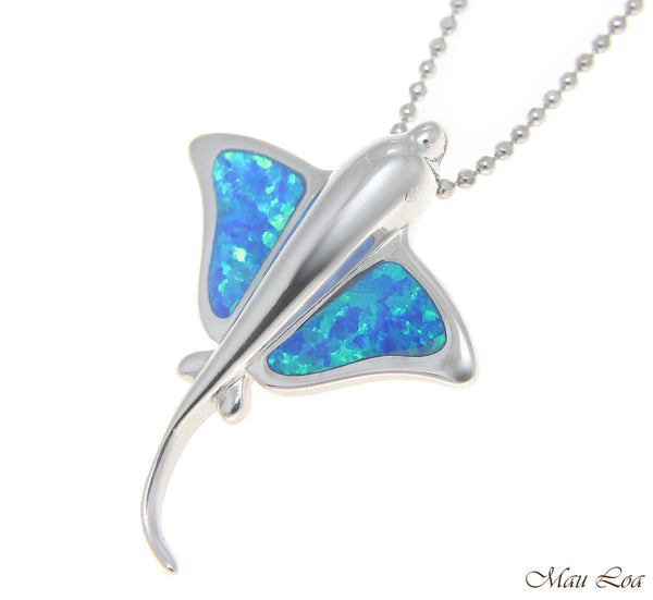 925 Sterling Silver Rhodium Hawaiian 23mm Stingray Fish Blue Opal Slider Pendant