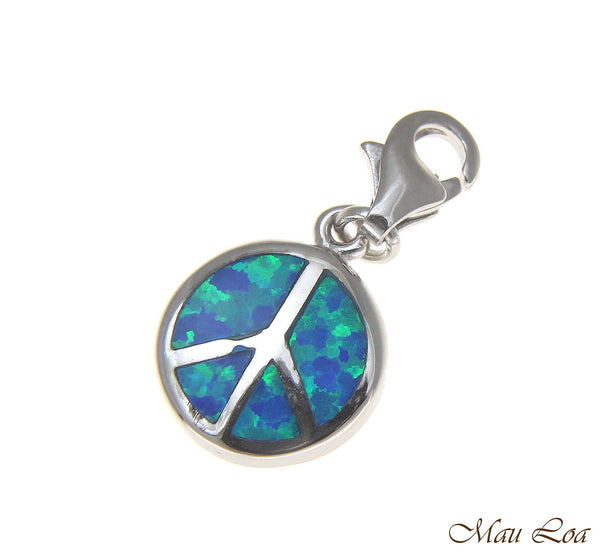 925 Sterling Silver Rhodium Peace Sign Blue Opal Clasp Enhancer Pendant Charm