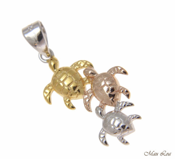 925 Sterling Silver Tricolor Hawaiian 3 Honu Sea Turtle Family Pendant